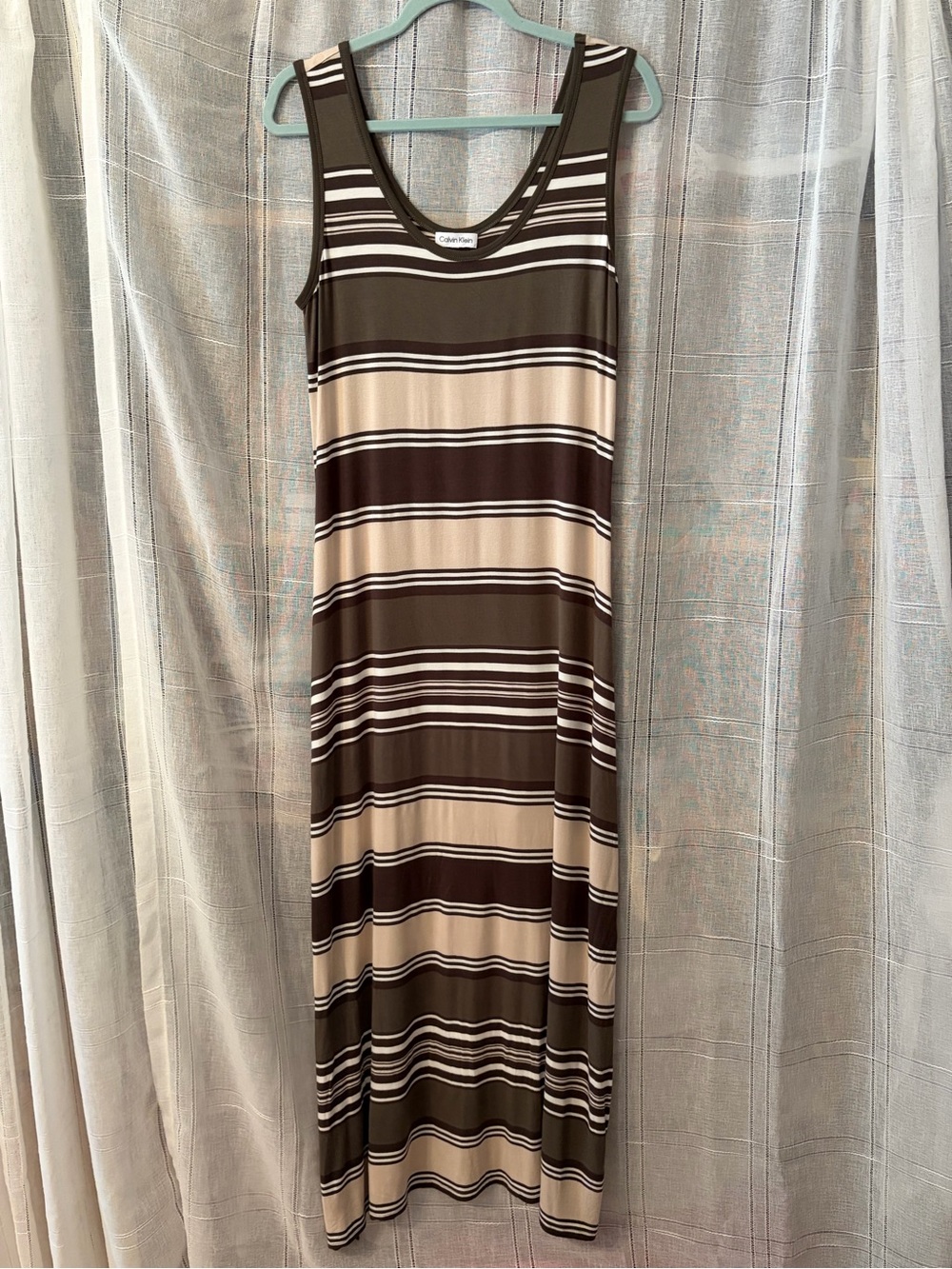 Calvin Klein Sleeveless Striped Maxi Dress in Brown and Cream size Large